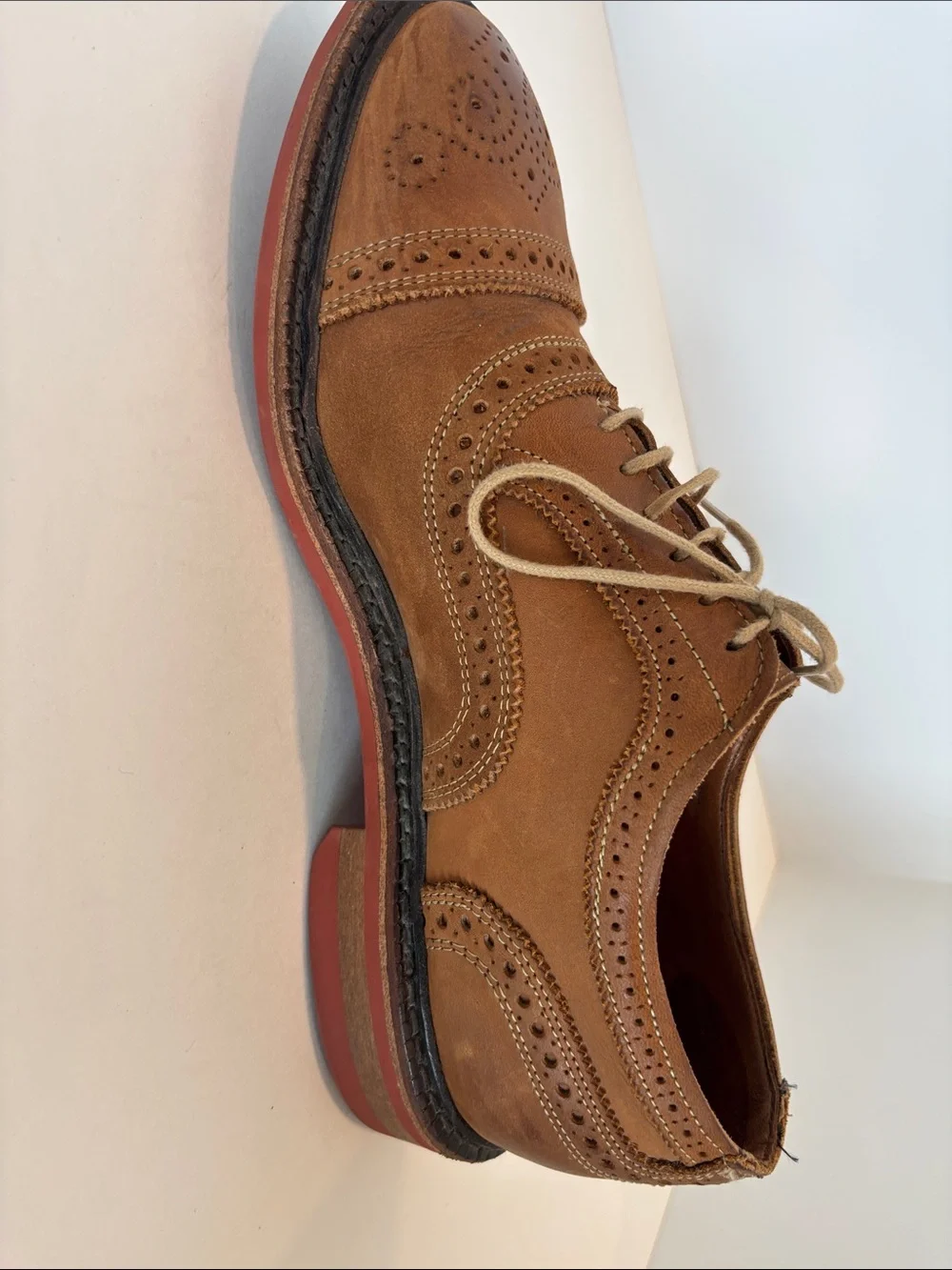 Men's Allen Edmonds Strandmok Tan Brogue Leather Lace-Up Dress Shoes Size 8E